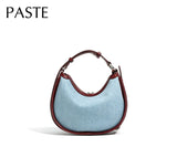 Wear-resistant Denim Cowboy Lining + Cowhide Leather Round Tote Light Weight High Quality Women Handbag Blue Female Shoulder Bag