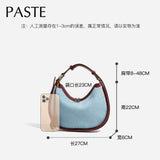 Wear-resistant Denim Cowboy Lining + Cowhide Leather Round Tote Light Weight High Quality Women Handbag Blue Female Shoulder Bag