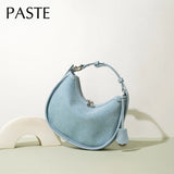 Wear-resistant Denim Cowboy Lining + Cowhide Leather Round Tote Light Weight High Quality Women Handbag Blue Female Shoulder Bag