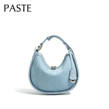 Wear-resistant Denim Cowboy Lining + Cowhide Leather Round Tote Light Weight High Quality Women Handbag Blue Female Shoulder Bag