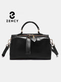 Zency Black Retro Cowhide Leather Ladies Designer Handbag Luxury Women Shoulder Bag Satchel With Ethnic Style Wide Strap